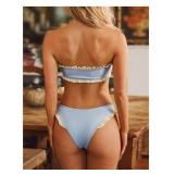 SOLY HUX Bandeau Bikini Sets for Women Ruffle Trim Strapless High Waisted Bathing Suit Two Piece Swimsuit Blue and White Medium