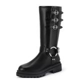 Appears Pre Owned,Size 10 IDIFU Black Knee High Riding Boots Women Low Chunky Heel Motorcycle Boots with Side Zipper Comfortable Round Toe Tall Boots Fall Platform Lug Sole Fashion Buckles Biker Boots