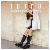 Appears Pre Owned,Size 10 IDIFU Black Knee High Riding Boots Women Low Chunky Heel Motorcycle Boots with Side Zipper Comfortable Round Toe Tall Boots Fall Platform Lug Sole Fashion Buckles Biker Boots