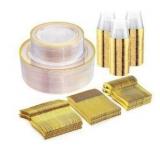 300-Piece Gold-Rimmed Clear Plastic Dinnerware Set - Retail: $45