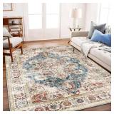 Elegant Beige-Blue Medallion Area Rug 8