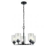Kichler Winslow 5 Light Black Contemporary Chandelier with Clear Seeded Glass - Retail: $184.97 (missing one cover)