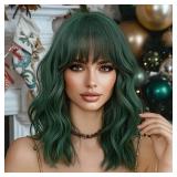 Dark Green Wig with Bangs, 14 Inch Green Bob Wig with Bangs for Women, Shoulder Length Green Short Wavy Wigs for Cosplay Costume Halloween Wigs - Retail: $25