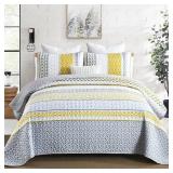 Yellow Quilt Set Queen Size, Boho Yellow Grey Striped Bedspread Coverlet Set Soft Microfiber Patchwork Quilt Bedding Set 3 Pieces for All Season - Retail: $42