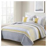 Yellow Quilt Set Queen Size, Boho Yellow Grey Striped Bedspread Coverlet Set Soft Microfiber Patchwork Quilt Bedding Set 3 Pieces for All Season - Retail: $42