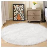 White Fluffy Faux Sheepskin Washable Fur Round Rug 5ft Nursery Rugs for Bedroom Plush Boho Circle Rug for Living Room Teen Room DÃ©cor - Retail: $70