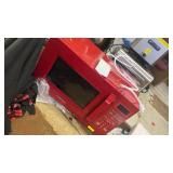Farberware FMO11WEIRD 1.1 Cu. Ft. 1000-Watt Compact Microwave Oven, Red, Stylish Countertop Microwave with Child-Lock, Reheat Function, Express Cook, and Kitchen Timer - Retail: $120