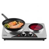 Hot Plate, CUSIMAX Electric Double Burner, Portable Ceramic Infrared Cooktop, Dual Control Cooking Stove, Heat-Up in Seconds, Compatible for All Cookwares, Silver