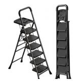 6-Step Ladder with Tool Tray,Portable Step Tool 330lb Load,Folding Anti-Slip Step Ladder with 10\"x15\" Anti-Slip Widen Pedals,Handrail,Safe-Lock Design Carbon Steel Step Ladder for Home Kitchen+1