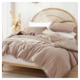 YIRDDEO Queen Comforter Set - Comforter Queen Size Sets with Ball Pom Fringe, Soft Bedding Set for All Seasons - 3 Pieces, 1 Comforter (90\"x90\") & 2 Pillow Shams (20\"x26\"), Taupe