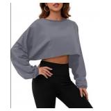 Meladyan Women Long Sleeve Crewneck Crop Top Tee Shirt Sweatshirt Casual Solid Loose Fit Workout Cropped Pullover Tshirt Large