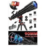 Telescope,Telescope for Adults High Powered, 90mm Aperture 900mm Professional Refractor Telescopes for Kids & Beginners, Magnification 450X,for Planet Observation with Stainless Tripod & Phone Adapter