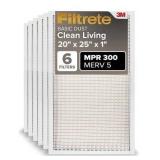 Filtrete 20x25x1 AC Furnace Air Filter, MERV 5, MPR 300, Capture Unwanted Particles, 3-Month Pleated 1-Inch Electrostatic Air Cleaning Filter, 6-Pack (Actual Size 19.69x24.69x0.81 in)