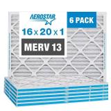 Aerostar 16x20x1 MERV 13 - 6 Count - Pleated HVAC, Furnace & Air Conditioner Filters - Removes Bacteria, Dust, Cold & Flu Germs, Lint, Mold, Pet Dander, Allergy-Causing Pollen, Smog, Smoke & Viruses