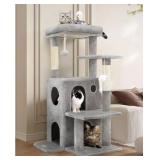 Globlazer Cat Tree Tower for Indoor Cats, 50-inch Adult Cat Tree House for Large Adult Cats with Steps, Scratching Post, 2 Cat Caves, Dangling Toys, FC50, Light Grey