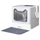 Cat Litter Box with Litter Mat and Scoop, Large Foldable Litter Box with Lid, Front Entry Top Exit Kitty Box, Odor Control, Easy to Clean (Grey)