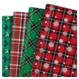12 Sheets Pre Cut Christmas Wrapping, Red Green Black Buffalo Plaid, 20x27