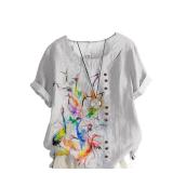 MARSVOVO Oversize Tshirt Women Button Down Art Colorful Crane Patterned Short Sleeve Relaxed Crew Neck Vintage Tunic Pullover for Women,XL - Retail: $28