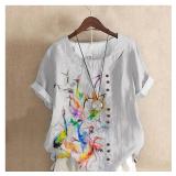 MARSVOVO Oversize Tshirt Women Button Down Art Colorful Crane Patterned Short Sleeve Relaxed Crew Neck Vintage Tunic Pullover for Women,XL - Retail: $28