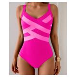Aidonger One Piece Swimsuit for Women Modest Full Coverage Bathing Suit Slimming Color Block V Neck Swimwear L - Retail: $19
