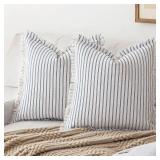 YEENAASY Throw Pillow Covers 18x18 Set of 2 Striped Fringe Pillow Cover Farmhouse Cushion Covers with Tassel Neutral Boho Pillows Decorative Square Pillowcase for Couch Sofa Bed, Blue - Retail: $25