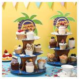 Geelin 2 Pcs 3 Tier Blue and Gold Ring Cartoon Round Cupcake Stand Birthday Decoration Animals Forest Ring Tray Cake Stand Decorations for Birthday Party Baby Shower Supplies - Retail: $15