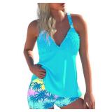 ROSEWE Womens Tankini Bathing Suits, Two-Piece Smocked Swim Dress, Print Swimsuits with Board Shorts Cyan L - Retail: $40