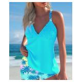 ROSEWE Womens Tankini Bathing Suits, Two-Piece Smocked Swim Dress, Print Swimsuits with Board Shorts Cyan L - Retail: $40