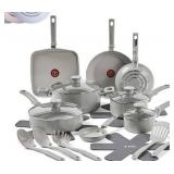 T-Fal Refresh Ceramic Pots and Pans Set, 20-Piece Nonstick Cookware Set, Stockpot, Griddle, Frying Pans, Utensils, Moon Grey - Retail: $150