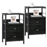 Furologee Nightstands Set 2, Night Stand with 2 Fabric Drawers, Bedside Tables with Open Shelf, Wooden Top, Hooks, Backboard Design, Metal Frame, End Tables for Bedroom/Living Room/Study/Black Oak - R