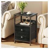 Furologee Nightstands Set 2, Night Stand with 2 Fabric Drawers, Bedside Tables with Open Shelf, Wooden Top, Hooks, Backboard Design, Metal Frame, End Tables for Bedroom/Living Room/Study/Black Oak - R