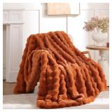 Smoofy Faux Fur Fall Throw Blanket for Couch  Burnt Orange Fluffy Cozy Rabbit Fleece, Plush Soft Bubble Blanket for Sofa and Bed, for Mom, Warm Fuzzy Home Room Decor Throw 50\ x 60\in - Retail: $40i