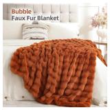 Smoofy Faux Fur Fall Throw Blanket for Couch  Burnt Orange Fluffy Cozy Rabbit Fleece, Plush Soft Bubble Blanket for Sofa and Bed, for Mom, Warm Fuzzy Home Room Decor Throw 50\ x 60\in - Retail: $40i
