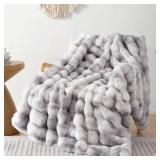 Smoofy Faux Fur Throw Blanket for Couch Rabbit Fleece - Tie-dye Grey Fluffy Blanket for Sofa Bedroom Living Room, Cozy Soft Plush Luxury Thick Winter Fuzzy Comfy Bubble Blanket - 50\ x 60\in - Retail: