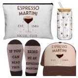 Boao 4 Pcs Espresso Martini Gift Sets with Glass Cup Socks Cosmetic Bag Hat Stuff Martini Birthday Gifts for Espresso Bachelorette Bridal Shower Party - Retail: $21