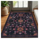 Alfasoft Washable Modern Floral Area Rug 3x5 Black Low Pile Ultra Thin Soft Print Flower Entryway Rug for Bedroom, Bedside, Kitchen, Hallway, Kids Room, Office, College, Dorm - Retail: $40
