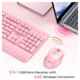 MEETION Wireless Keyboard and Mouse, Full-Sized Cordless Keyboard with Wrist Rest and 3 DPI Adjustable Mouse, Keyboard and Mouse Set with 2.4GHz USB Receiver, for PC/Computer/Laptop/Windows/Mac, Pink 