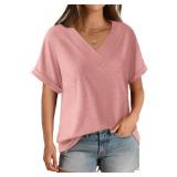 GKBK Womens Short Sleeve T Shirts V Neck Loose Fit Shirts Summer Casual Basic Tee Tops Rose M - Retail: $15