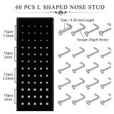 Helicopchain 120-240Pcs Hypoallergenic Nose Studs for Women Men 316L Stainless Steel CZ Nose Piercing Jewelry L Shaped Nose Rings Bone Studs 20G-22G 1.5mm 2mm 2.5mm 3mm - Retail: $9
