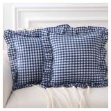 K MASANIJI 2 Pack Navy Blue White Plaid Ruffle Gingham Throw Pillow Covers, 100% Washed Cotton Checkered Farmhouse Decorative Pillow Shams for Bed/Sofa - 18\x18\in - Retail: $24in