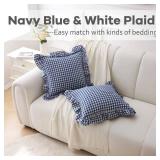 K MASANIJI 2 Pack Navy Blue White Plaid Ruffle Gingham Throw Pillow Covers, 100% Washed Cotton Checkered Farmhouse Decorative Pillow Shams for Bed/Sofa - 18\x18\in - Retail: $24in