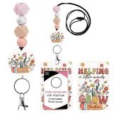 Obookey Teacher Lanyards for ID Badges - Teacher Lanyard with ID Holder, Helping Little Minds Grow Cute Silicone Beaded Breakaway Keychain Accessories, Back to School Appreciation Gifts for Women - Re