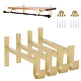 AddGrace Closet Rod Bracket Heavy Duty Shelf Brackets 10 Inch Gold Wall Mounted Closet Rod Support with Pole Holder Industrial Iron Shelving Supports with Hook (4 Pack) - Retail: $34