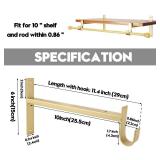 AddGrace Closet Rod Bracket Heavy Duty Shelf Brackets 10 Inch Gold Wall Mounted Closet Rod Support with Pole Holder Industrial Iron Shelving Supports with Hook (4 Pack) - Retail: $34