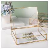 Feyarl Gold Glass Jewelry Trinket Box 5 x 7 Photo Cards Shadow Lidded Box Organizer Collection Display Case Decorative Keepsake Box for Home Deco (8.66 x 5.9 x 1.96inch) - Retail: $28