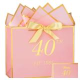 momoake 40th Birthday Gift Bag with Card and Tissue Paper for Women/Her, 1985 40 Year Old 13\ Elegant Pink Gold Anniversary Keepsake Party Present Shopping Paper Bags for 40th Birthday Decorations - R
