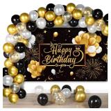 Tatuo Black and Gold Birthday Party Decorations 50 Pieces Gold Black Balloon Arch Garland Kit Happy Birthday Backdrop Banner Decorations for Kids Men Women Party Supplies Decor - Retail: $14