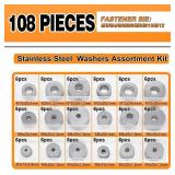 108-Piece, 18 Size, Stainless Steel Flat Washers Assortment Kit, Metal Screw Washers Set for Bolts, Industrial, Covering M3, M4, M5, M6, M8, M10, M12 - Retail: $8