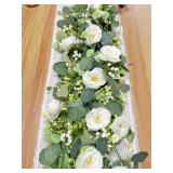 Aoztio 2 Pack 12Ft Artificial Eucalyptus Flower Garland with White Roses, Faux Floral Greenery Garland Fake Flower Vines for Wedding Party Centerpiece Table Runner Arch Party Decor (2PCS,White - Retai