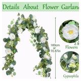 Aoztio 2 Pack 12Ft Artificial Eucalyptus Flower Garland with White Roses, Faux Floral Greenery Garland Fake Flower Vines for Wedding Party Centerpiece Table Runner Arch Party Decor (2PCS,White - Retai
